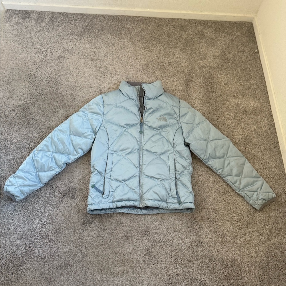 TNF icy blue puffer coat
